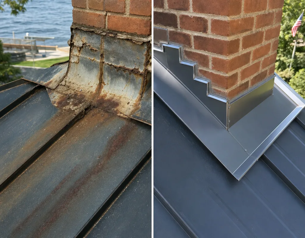 Before and after views of damaged chimney flashing replaced with clean step flashing and counterflashing