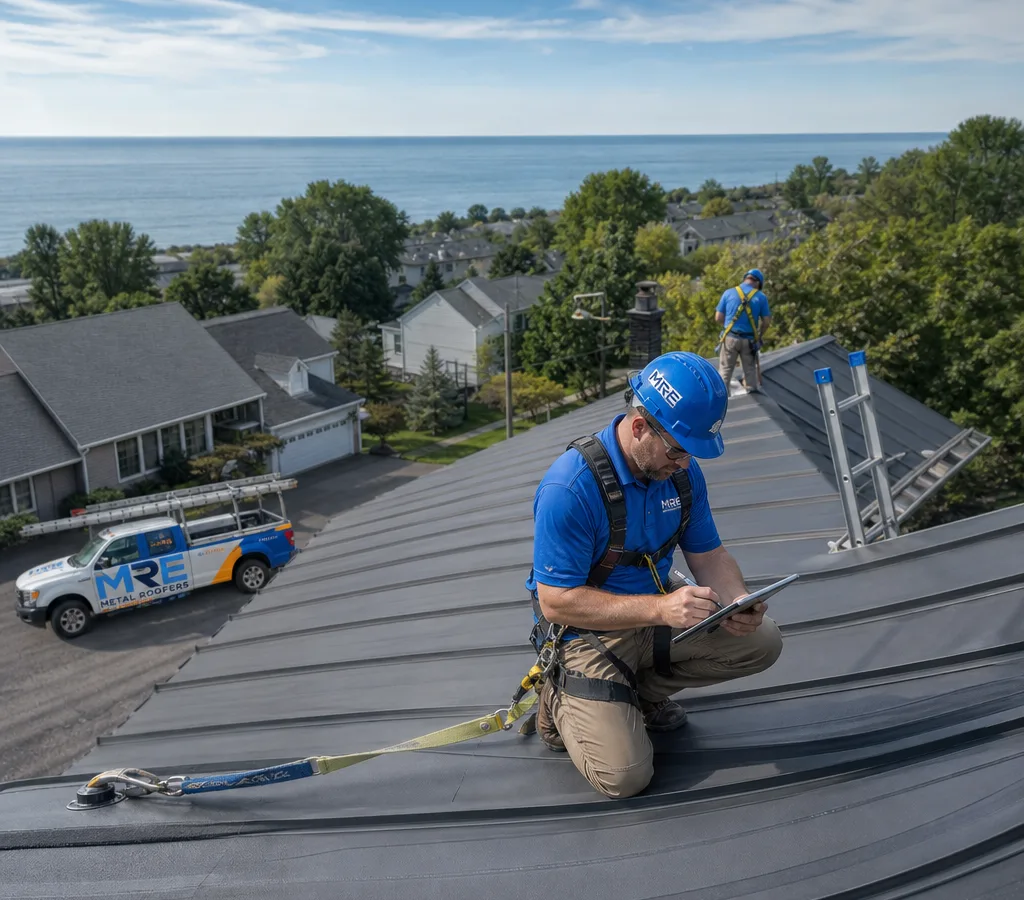 Roofing crew inspecting a sloped residential roof in Erie with tied-off ladders and an inspector documenting roof conditions