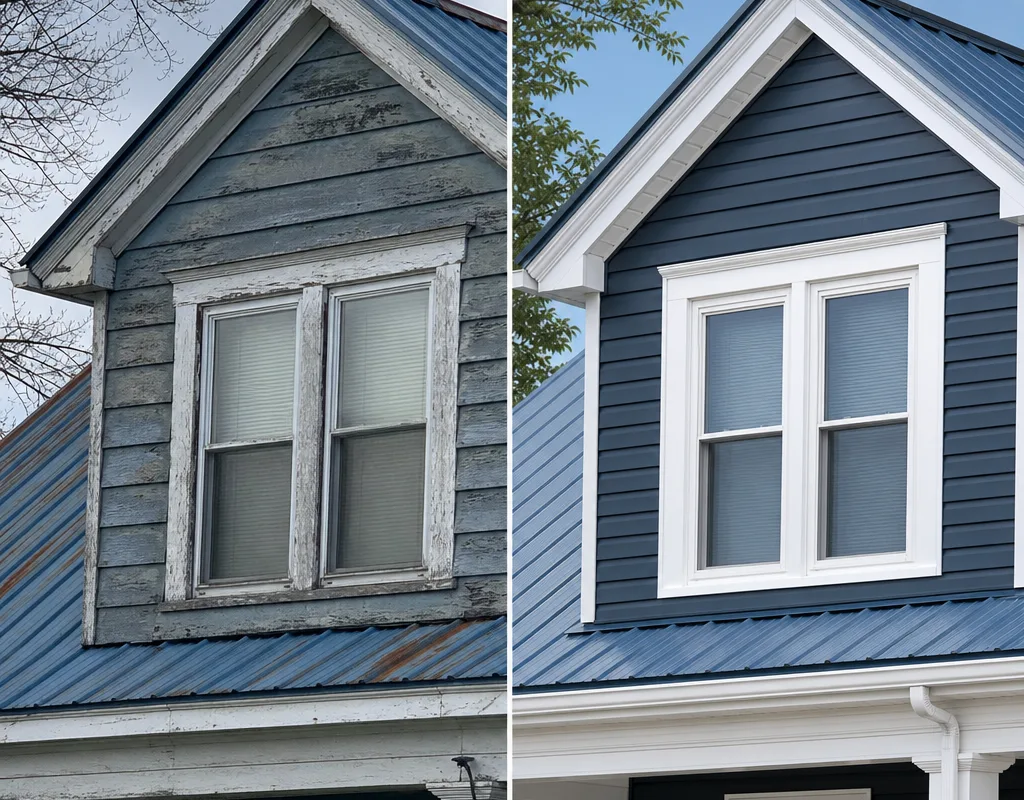 Before and after comparison of warped siding replaced with new siding and refreshed window trim