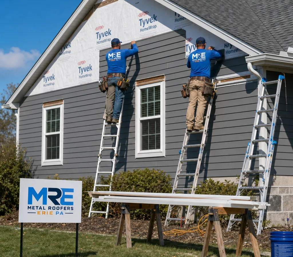 Siding crew installing new lap siding with safely placed ladders and neatly staged trim