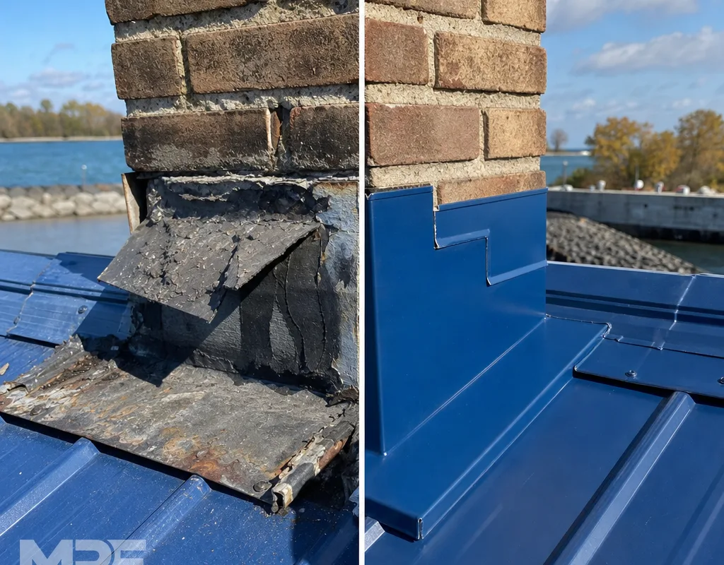 Before and after views of deteriorated chimney flashing replaced with integrated step flashing and counterflashing