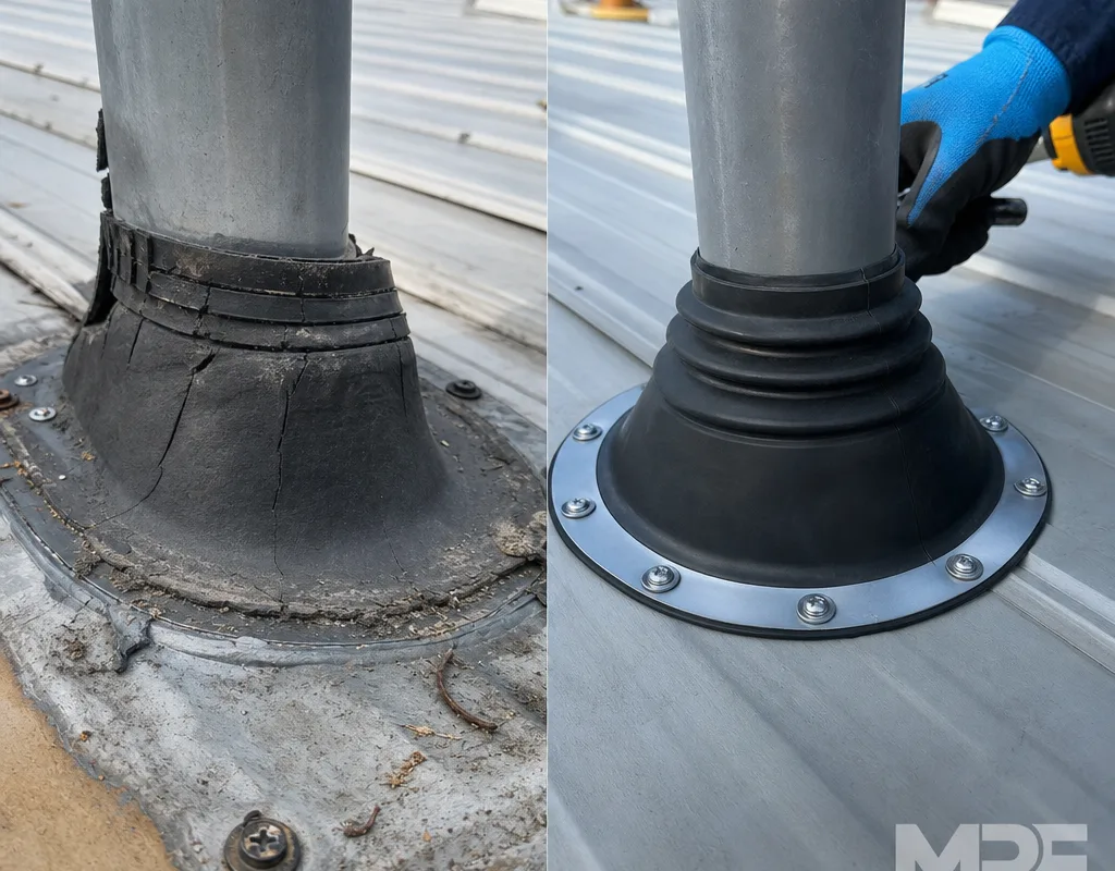 Before and after views of a cracked pipe boot replaced with a properly sized new boot and sealed fasteners