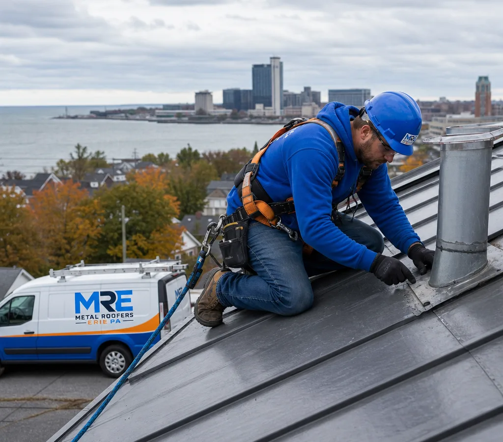 Technician using fall protection while inspecting flashing and a vent penetration on a residential roof in Erie