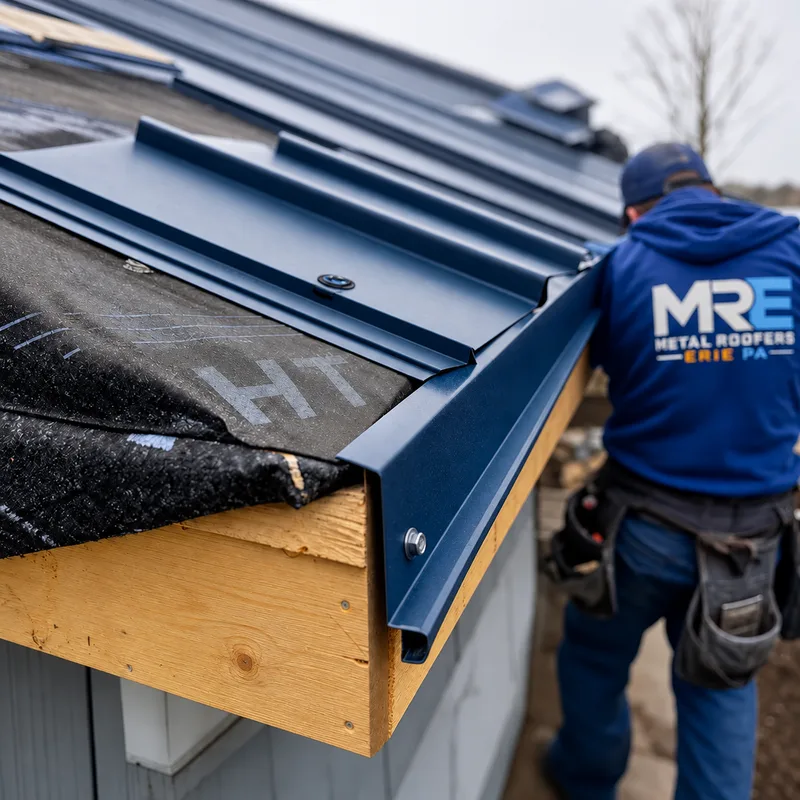 Metal roof eave detail showing drip edge, underlayment, and aligned panel fastening