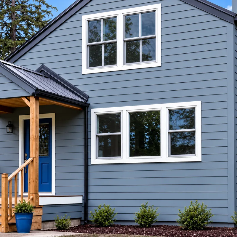 Finished exterior with aligned horizontal lap siding, matching corner posts, and clean window trim
