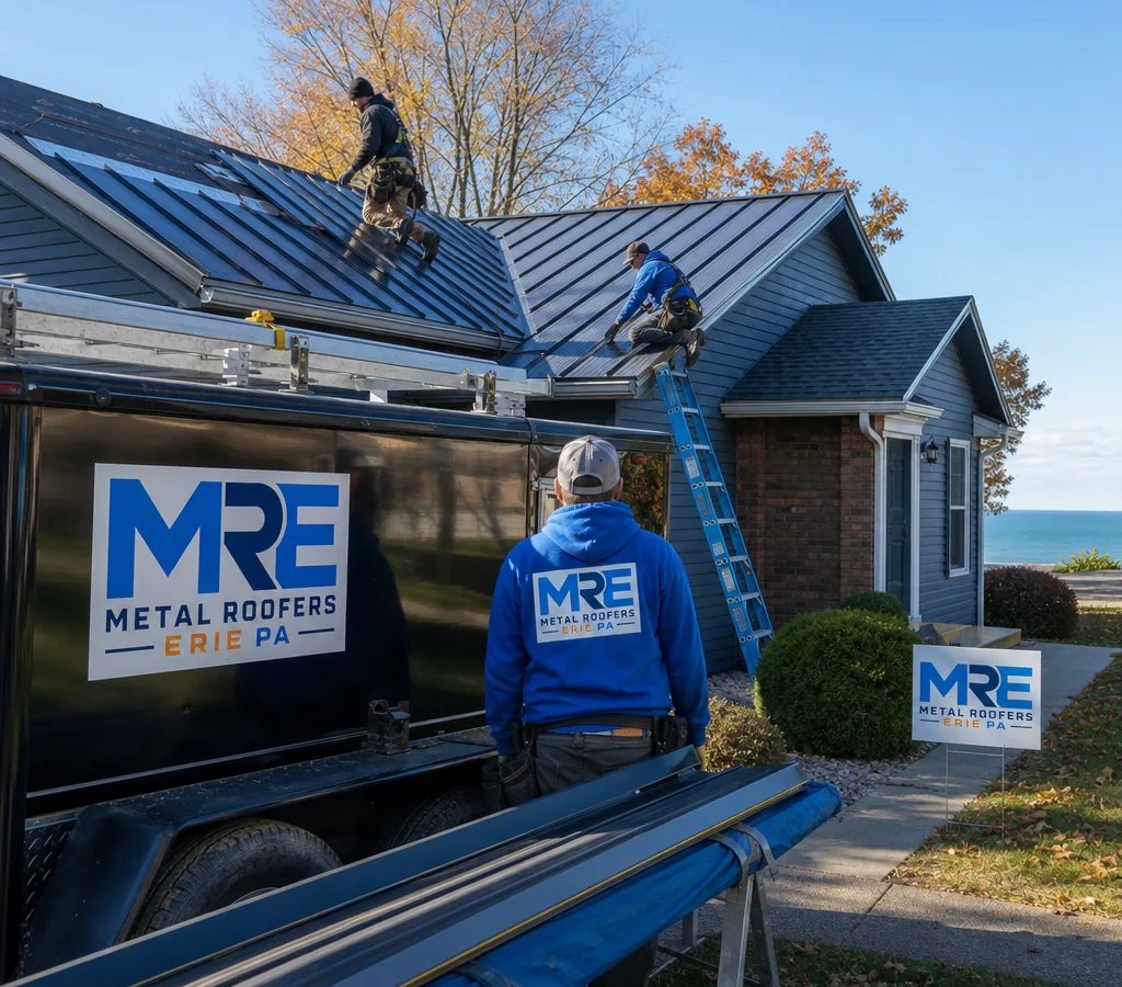 Roofing crew installing standing seam metal panels on an Erie home with fall protection and a clean worksite