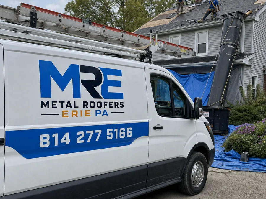 Crew installing siding with proper ladder setup, protected landscaping, and organized materials