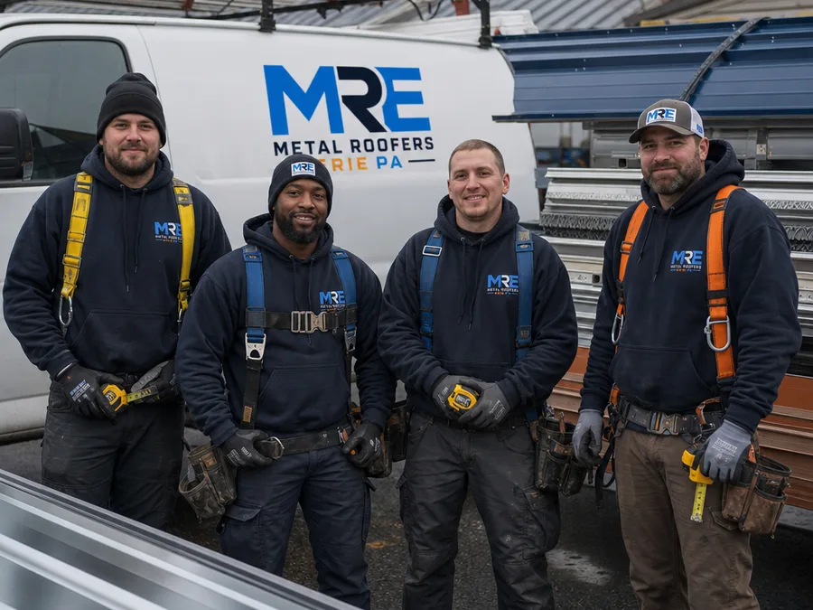 Metal Roofers Erie PA team beside a work truck with neatly staged panels, safety gear, and measuring tools